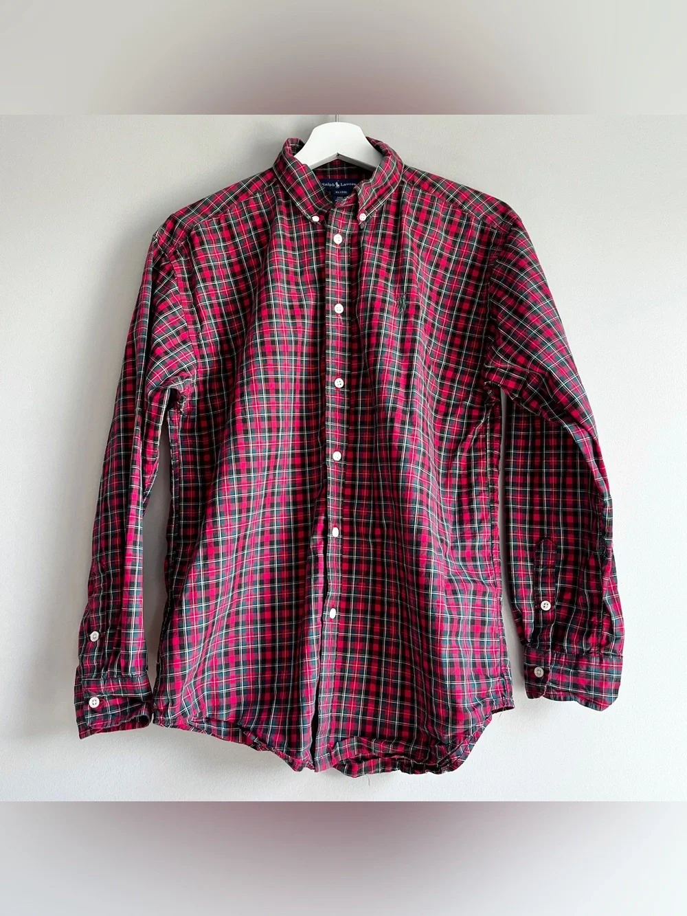 Ralph Lauren red green plaid button down shirt boys XL 20 polo holiday Christmas